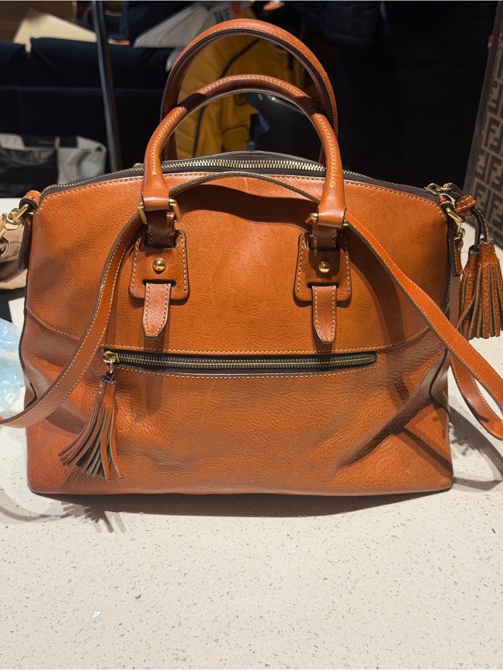 Dooney & Bourke Florentine Cognac Leather Structured Satchel - Picture 5 of 10